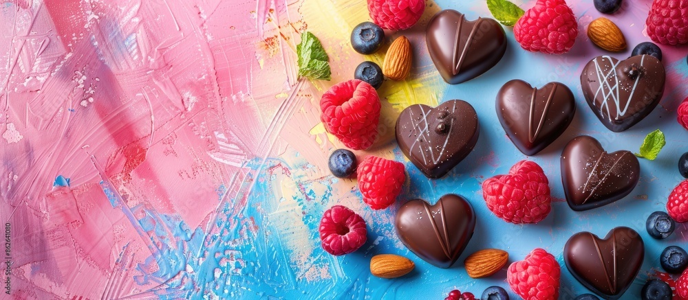 Poster heart-shaped chocolate sweets with fruits and nuts displayed on a colorful backdrop in a top-down vi