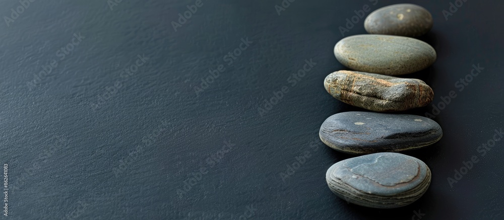 Poster sea stones arranged in a minimalistic style on a black background with copy space image.