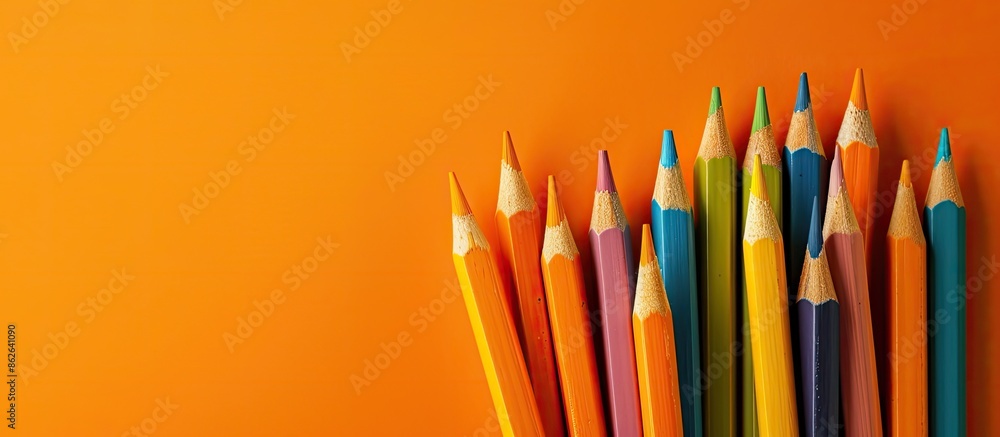 Poster back to school concept displayed with colorful pencils on an orange backdrop, featuring copy space i