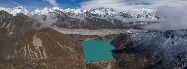 Aerial view of Gokyo lake with Cholatse mountain, Taboche mountain, and Arakam tse mountain, Khumjung, Nepal.