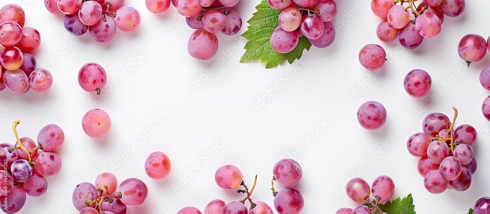 Poster Pink grapes isolated on a white background with ample copy space image for text. View from above in a flat lay pattern.