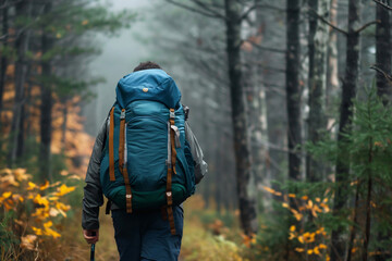 Lone Hiker Exploring Autumn Pine Forest with Backpack and Trekking Pole