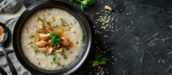 Congee made with 16 grains and chicken drizzled with sesame oil, perfect for a copy space image.