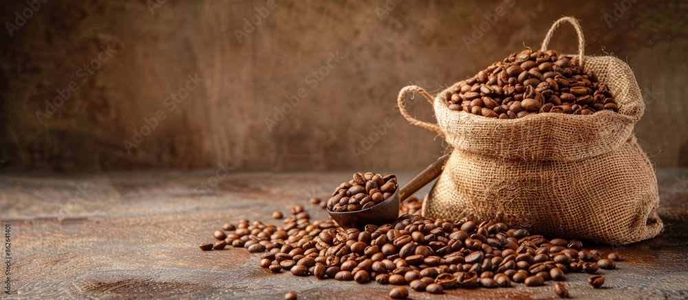 Poster burlap sack containing brown roasted coffee beans alongside a scoop with grains, presented in a rust