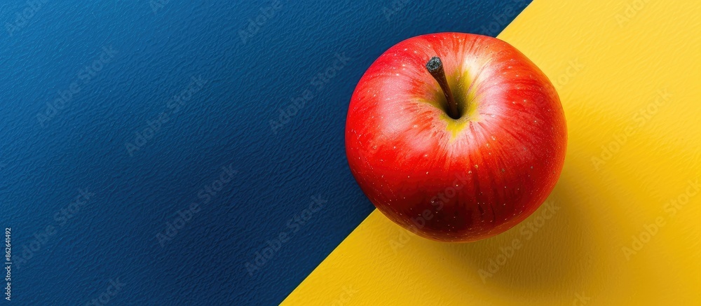 Poster a view from above shows a fresh red apple on a banner with a navy blue and yellow background, featur