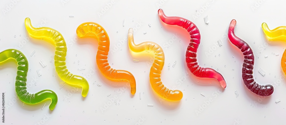 Poster imitation of colorful worm-shaped jelly candies on a white paper background with copy space image.