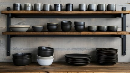 Kitchen product display with neatly arranged items on stylish shelves, showcasing a modern and functional culinary space.