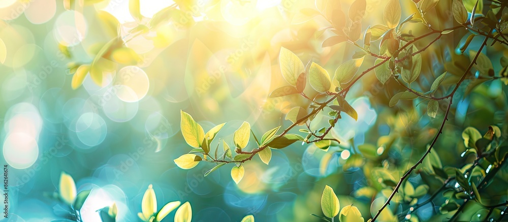 Poster bright summer sunlight beautifully highlights an abstractly blurred foliage backdrop, creating a bok