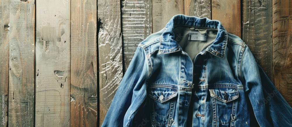 Aufkleber denim pants displayed against a bleached wood backdrop with copy space image.