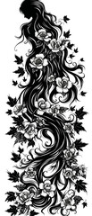 Fototapeta premium A woman with long hair is surrounded by flowers and leaves