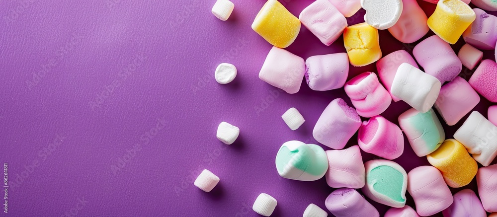 Poster colorful marshmallow candies displayed on a purple backdrop with available copy space image.