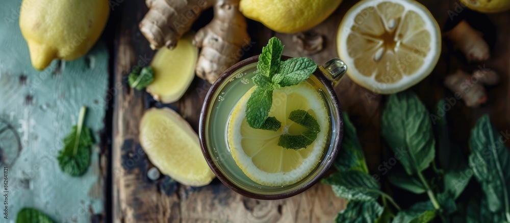 Poster top-down view of a hot drink combining mint, ginger, and lemon, set on a wooden surface, offering a 