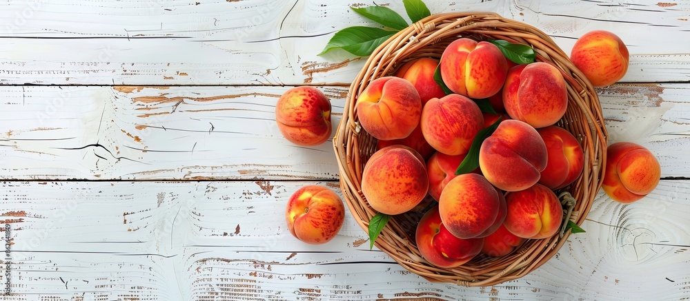 Poster top view of a basket of fresh organic peaches on a white wooden table, emphasizing clean eating. ide