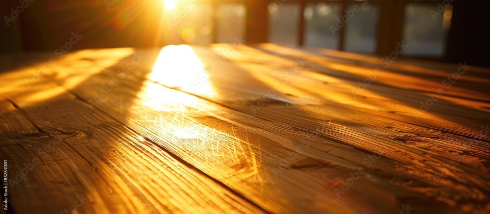 Poster sunlight streaming onto a wooden table creates a warm and inviting ambiance, with a beautiful copy s