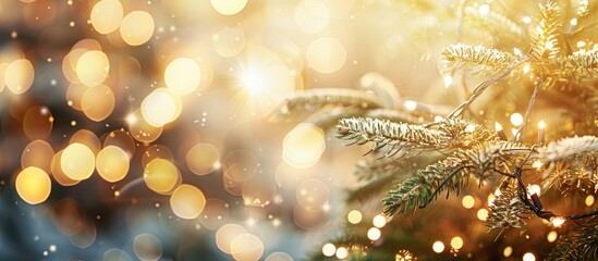 Vintage Christmas card design with a blurred abstract Christmas tree background and mustard yellow bokeh inside, ideal for a copy space image.