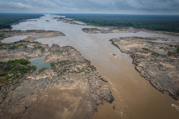 Aerial view of the Mekong River and the Mekong River is the Natural Boundary Line of the Thai-Lao border