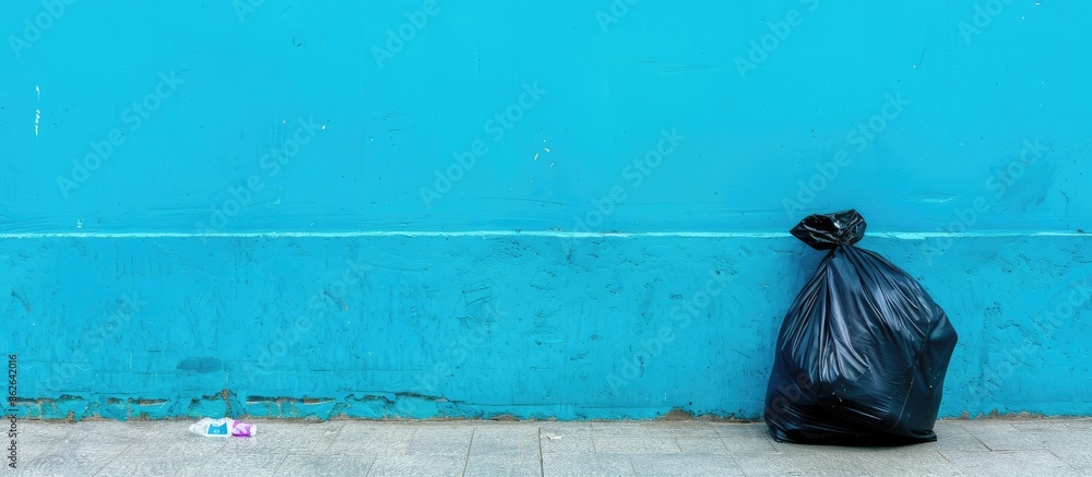 Poster garbage bag positioned beside blue wall in photo with copy space image.