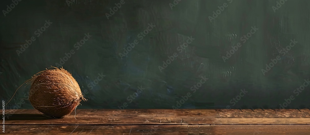 Poster dark wooden table adorned with a coconut creating an appealing copy space image.