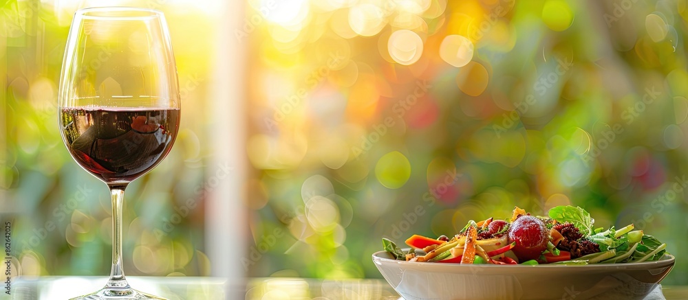 Poster a supper composition featuring a delicious dish alongside a glass of red wine against a blurred wind