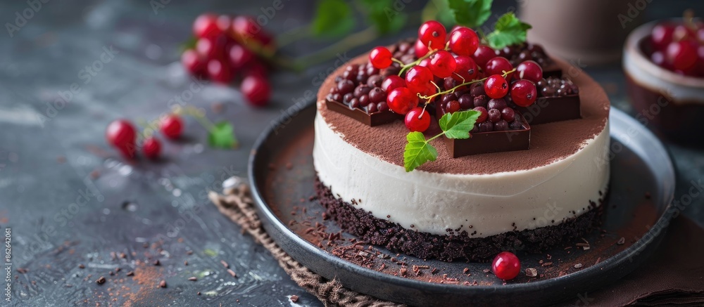 Poster a no-bake mousse cake with dark chocolate and currant berries with a visually appealing design and c