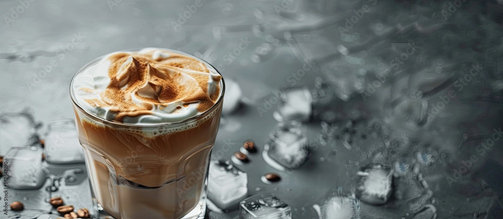 Aufkleber Trendy coffee cocktail on a grey background mock-up with copy space image for text, featuring Dalgona whipped coffee, milk, and ice cubes.