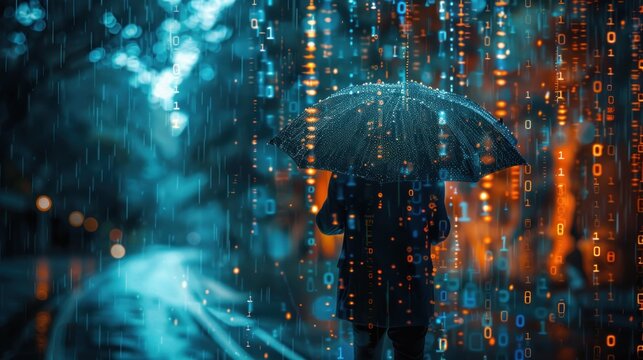 Digital Data Rain Concept with Person Holding Umbrella in Futuristic Cityscape
