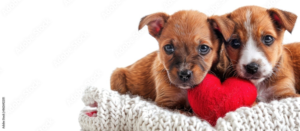 Poster valentine-themed puppies with a heart in an image with copy space on a white background.