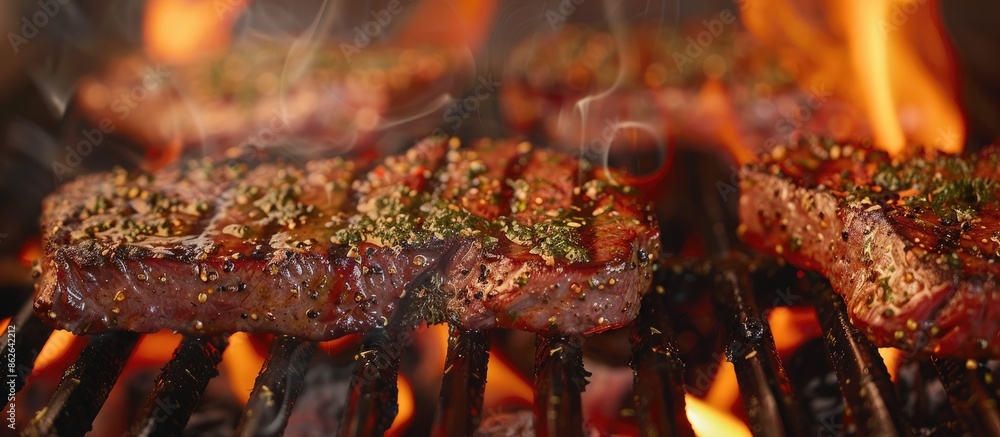 Poster copy space image of a flaming grill searing herb and spice-coated steaks with selective focus.