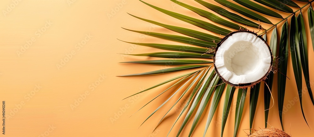 Leinwandbilder top view of a palm leaf and coconut on a pastel orange background, ideal for a summer and tropical c