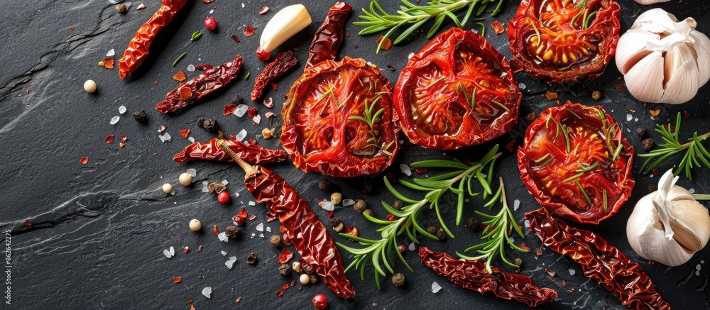 Poster circular grid with sun-dried red tomatoes, garlic, and italian herbs, perfect for text. ideal for fo