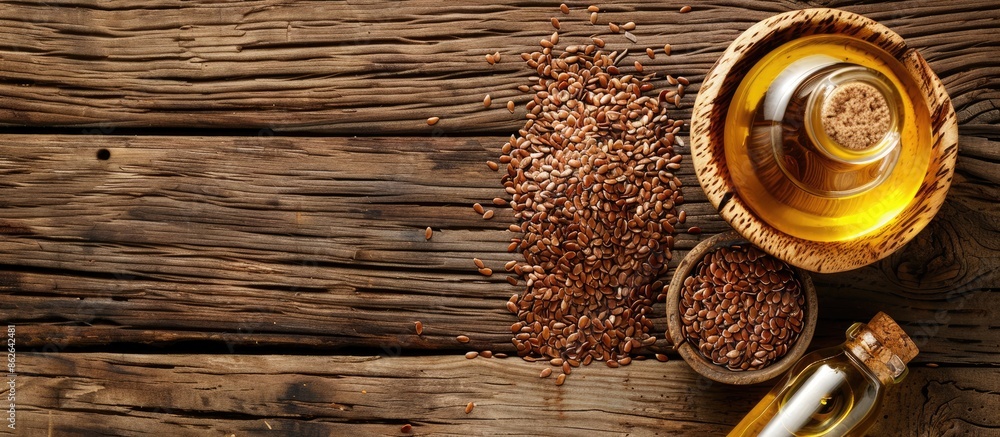 Aufkleber top view close-up of a wooden background with a bowl of flax seeds and a glass bottle of flaxseed oi