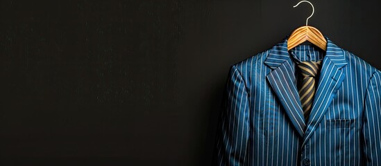 Blue striped suit, shirt, and tie on a wooden hanger against a black background with copy space image.