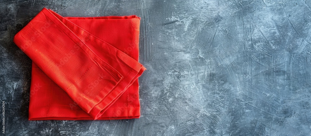 Aufkleber flat lay of red folded kitchen napkin on table, isolated background with copy space image for mockup