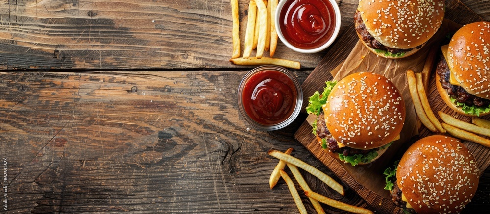 Poster a convenient and easy-to-make homemade meal featuring burgers and fries displayed on a rustic wooden