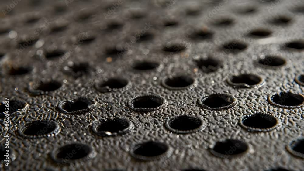 Poster closeup of a rubberlike grip tape with small circular indentations resembling the texture of a tire 