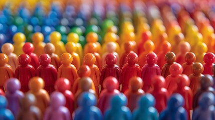 A close-up image of numerous plastic figures arranged in a rainbow pattern. The figures are arranged in rows with the color changing gradually from left to right