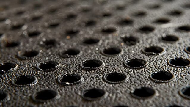 Closeup of a rubberlike grip tape with small circular indentations resembling the texture of a tire tread for increased friction.