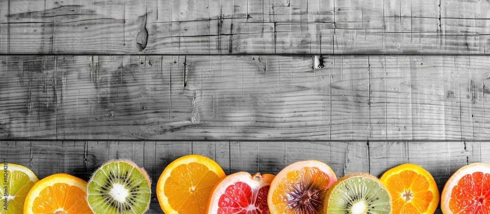 Poster variety of sliced fruits on a monochrome wooden surface with copy space image, creating a summer-the