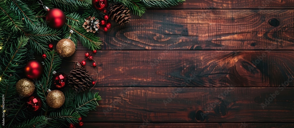 Poster Festive holiday decorations for Christmas and New Year displayed on a wooden table, seen from above with room for text or images. Copy space image. Place for adding text and design