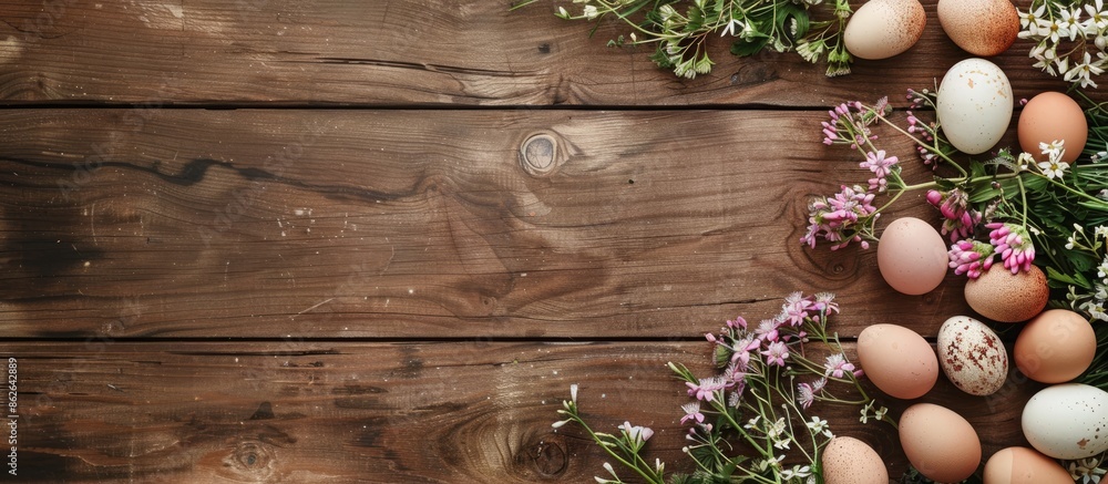 Poster Top-down view of a wooden surface adorned with a beautiful array of eggs and a bouquet of flowers, perfect for a copy space image.