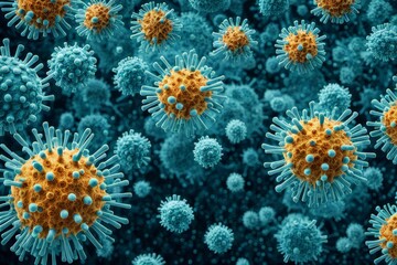 An abstract depiction of bacteria and viruses in various intricate shapes and surface structures, set against a mysterious background, AI-generated 