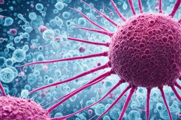 An abstract depiction of bacteria and viruses in various intricate shapes and surface structures, set against a mysterious background, AI-generated 