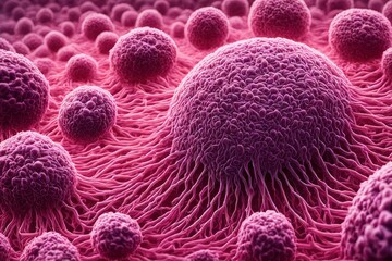 An abstract depiction of bacteria and viruses in various intricate shapes and surface structures, set against a mysterious background, AI-generated 