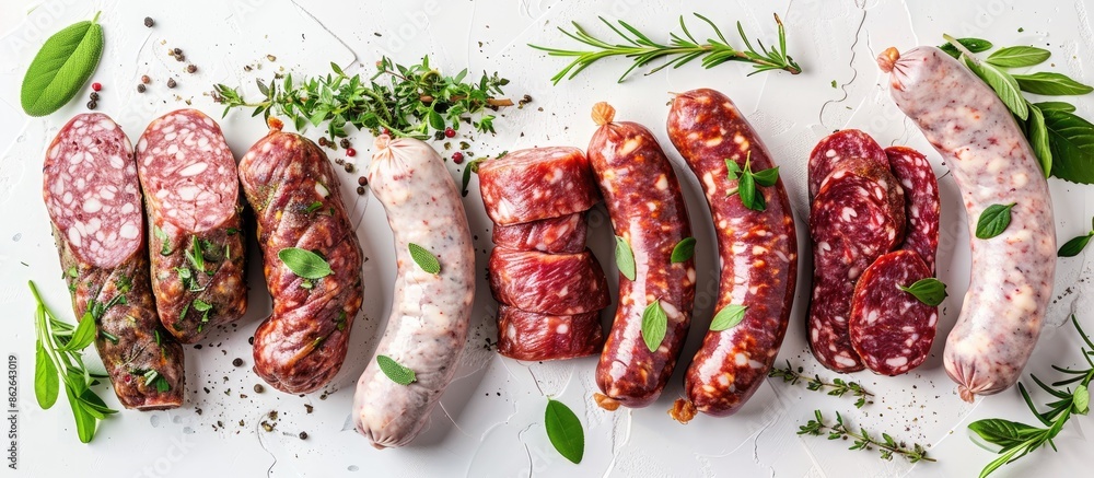 Poster a variety of raw sausages made from beef, pork, lamb, and chicken displayed on a butcher table with 