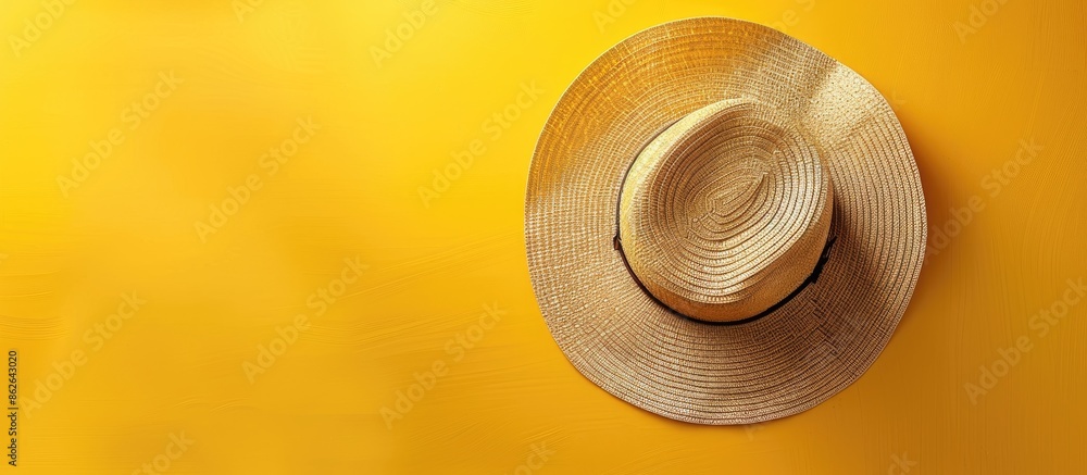 Aufkleber Straw hat on a sunny yellow backdrop with a matching mat, ideal for showcasing text or images in a summer accessories theme. Copy space image. Place for adding text and design