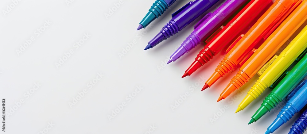 Poster rainbow-colored markers on a white backdrop resembling the lgbtq pride flag with copy space image.