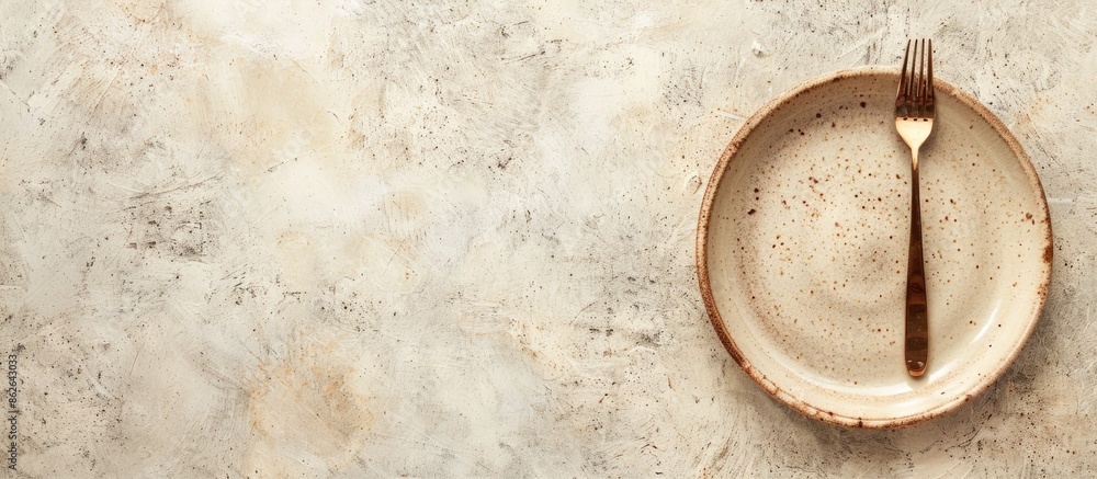 Aufkleber Top-down view of ceramic tableware including a plate with a fork on a plain background with space for text or other images. Copy space image. Place for adding text and design