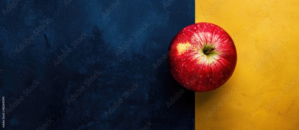 Poster a view from above shows a fresh red apple on a banner with a navy blue and yellow background, featur