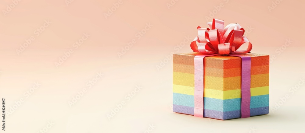 Poster a gift box in colored wrapping with a ribbon on a blank background providing copy space image.