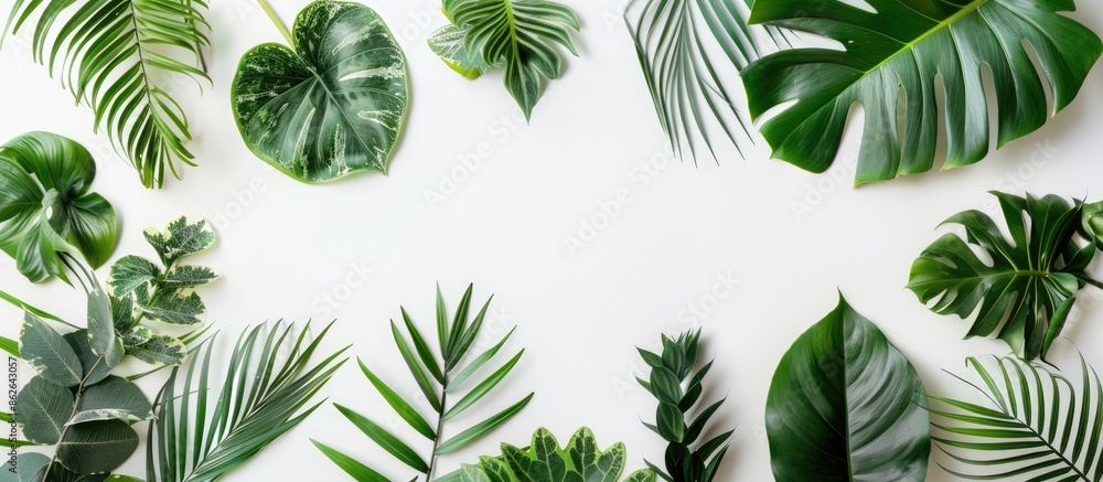 Poster white background with tropical leaves for a summer-themed flat lay image with copy space image.